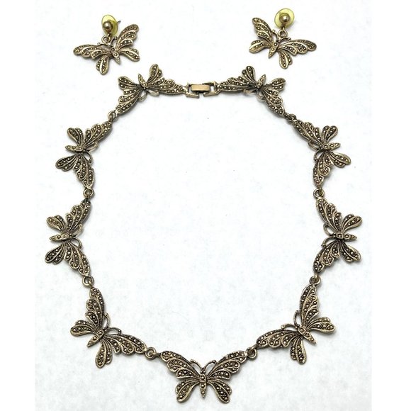 Vintage Gold Butterfly Collar Necklace and Earrings Set
